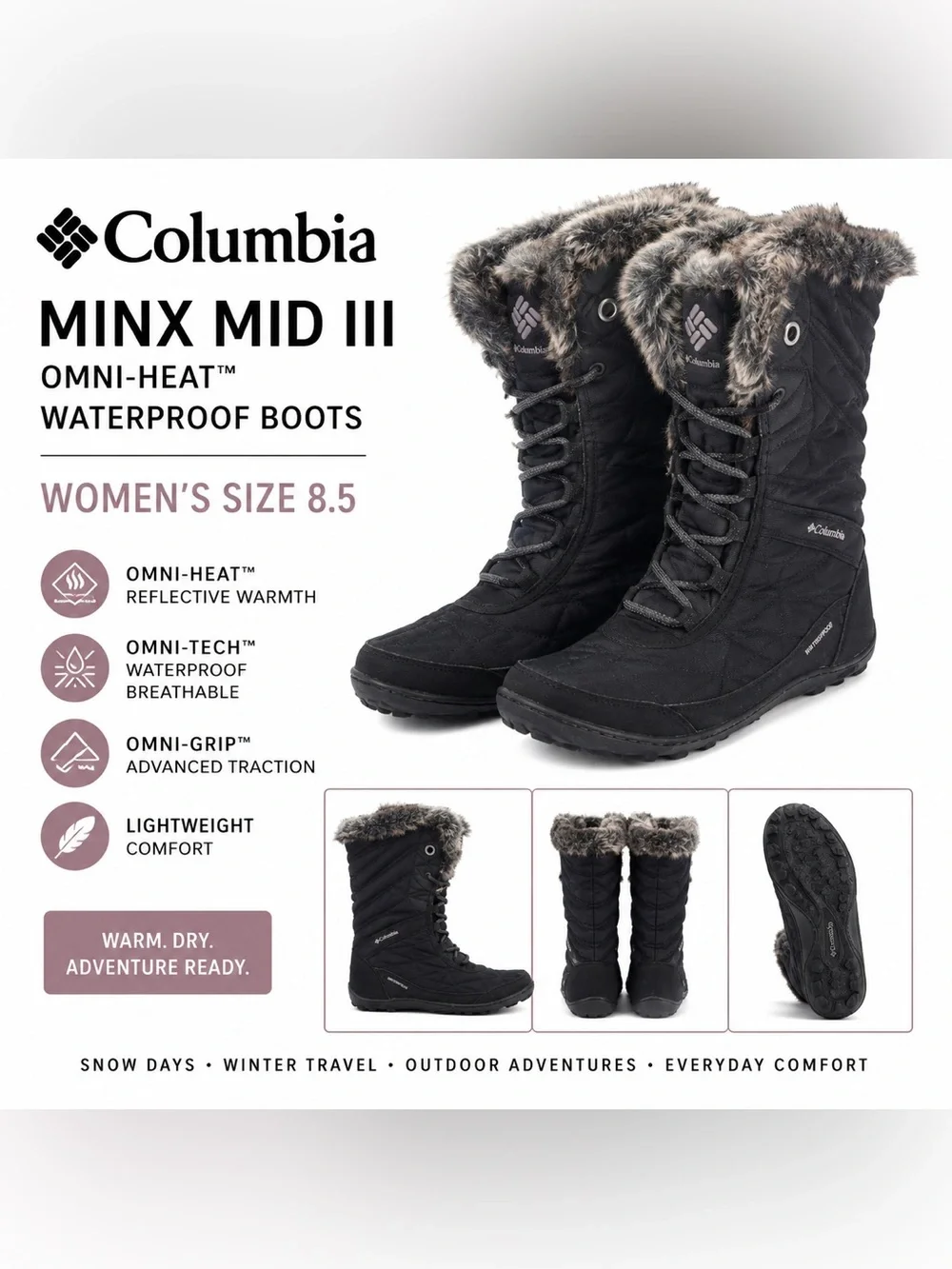 Columbia Minx Mid III Omni-Heat Waterproof Snow Boots Black Faux Fur Women’s 8.5